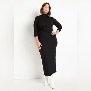 NWT Eloquii Knit Twist Detail Ribbed Dress 26/28 Black Maxi with Long Sleeves